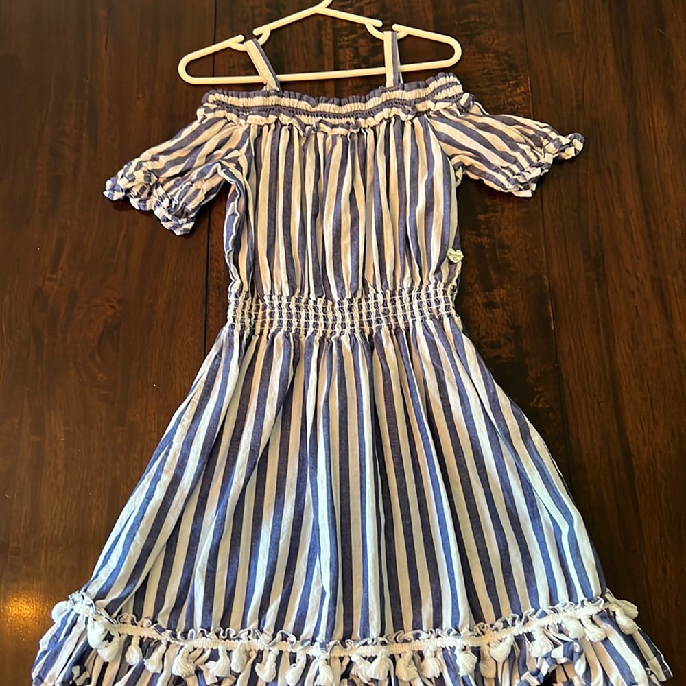 Bebe girls blue and white dress with Pom poms